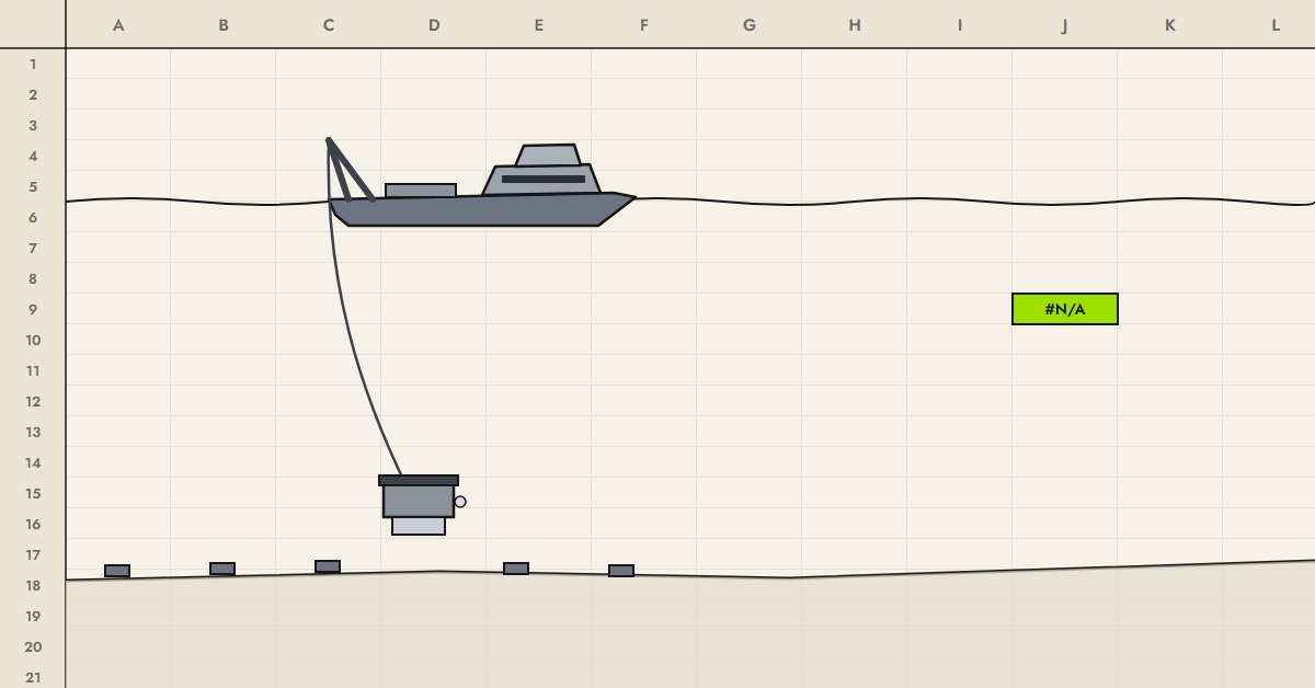 A grey survey vessel on a spreadsheet sea, its ROV laying nodes on the seabed, with #N/A lit in one cell.