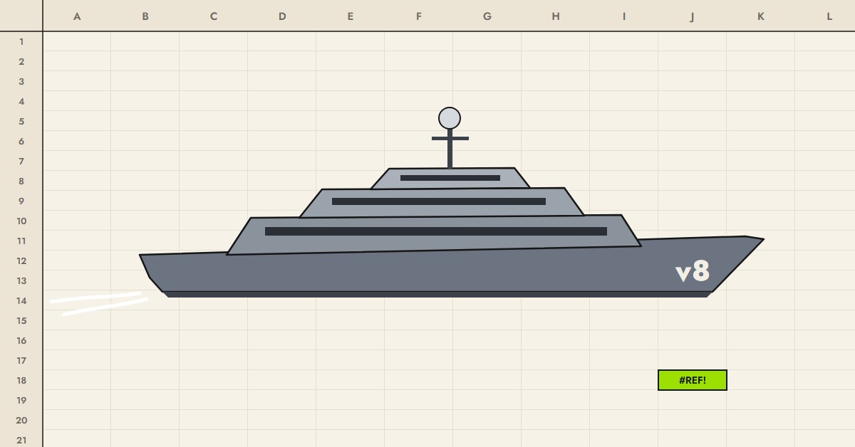 A battleship-grey superyacht afloat on a spreadsheet, hull number v8, with #REF! lit in one cell.